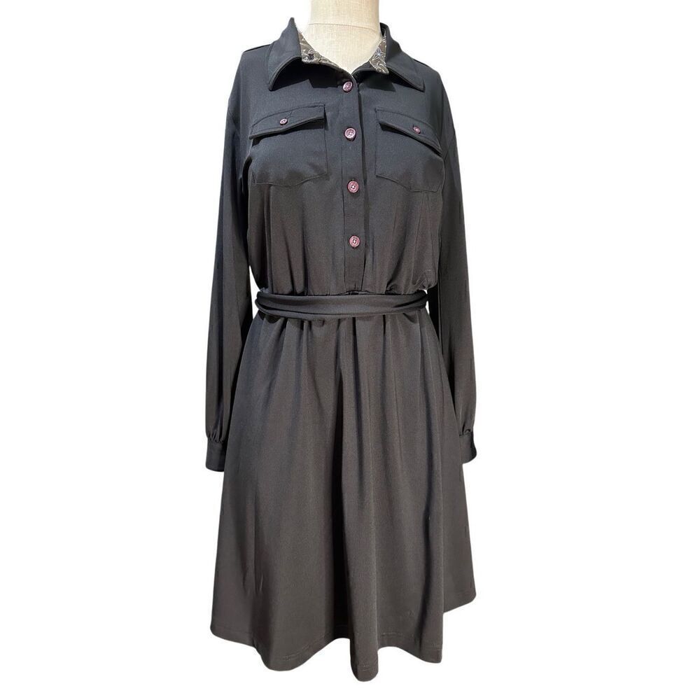 Matilda Jane Paint By Numbers Womens Black Dress Black Belted Pockets Stretch L
